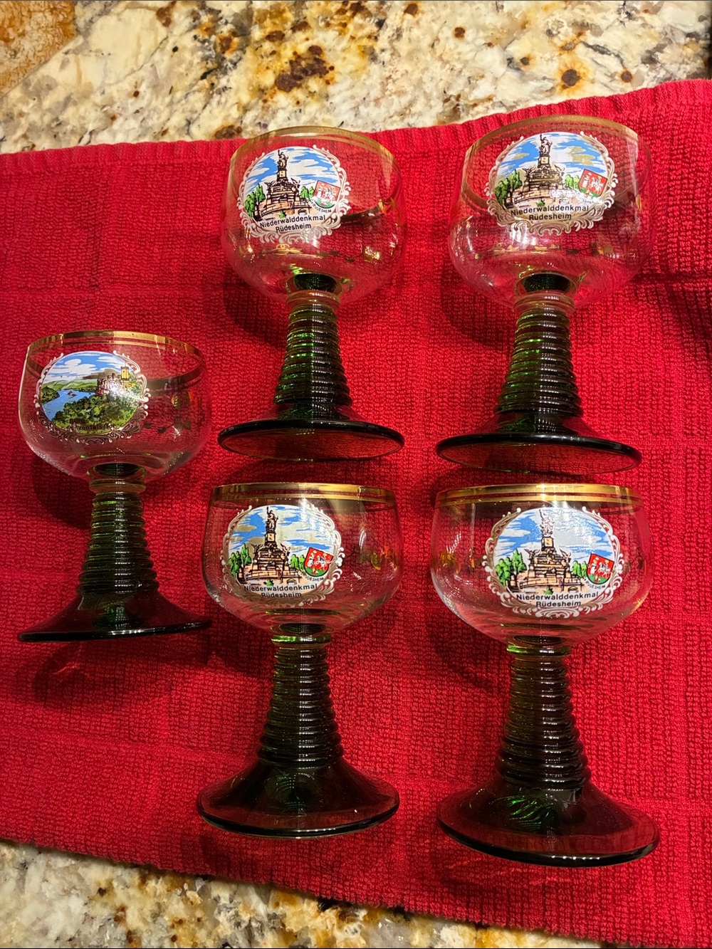 Set of 5! Green bee hive Stemmed German Wine Glasses